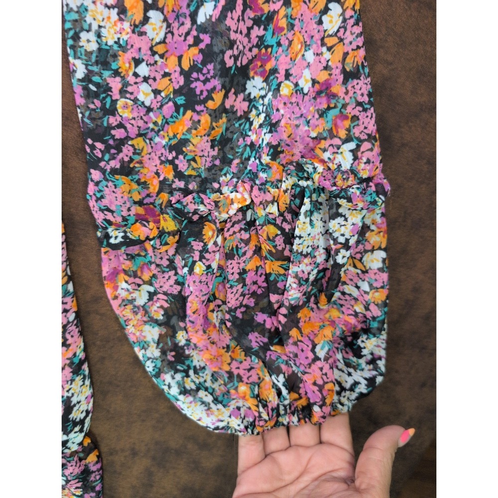 Vince Camuto Womens Floral Tiered Babydoll Mini Dress Long Sleeve Pink Black M - Picture 3 of 9